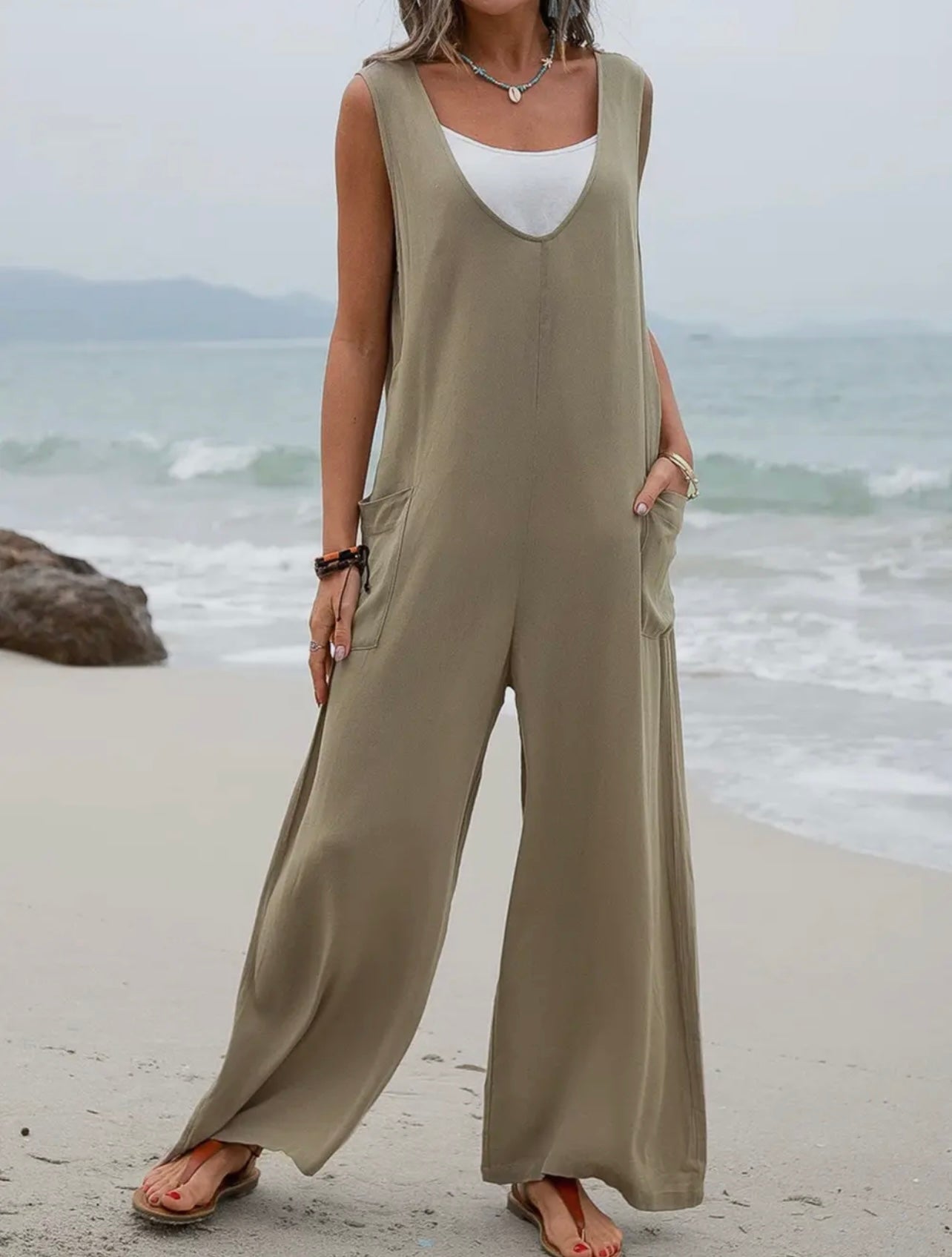 Pocket V neck Jumpsuit Khaki