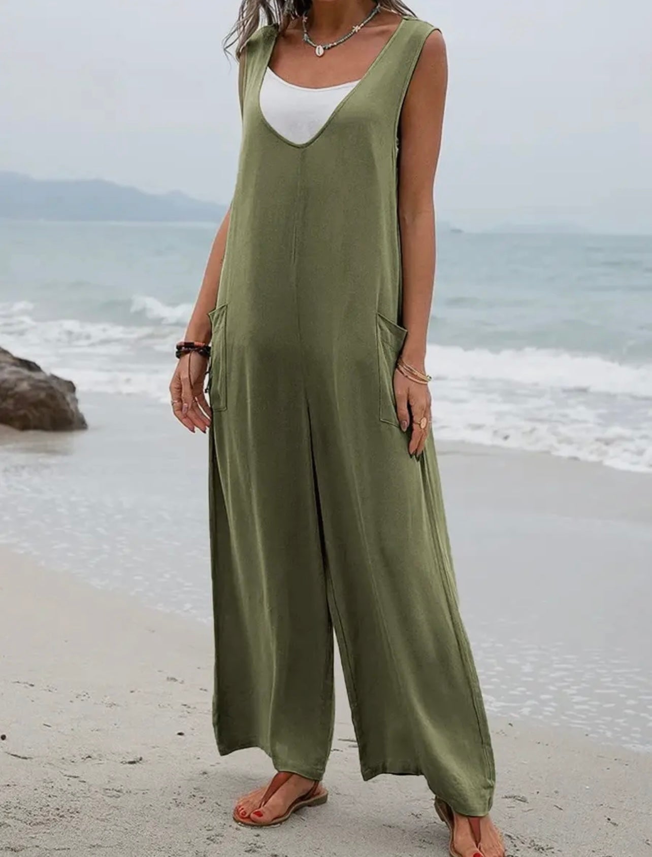 Pocket V-Neck Jumpsuit Olive